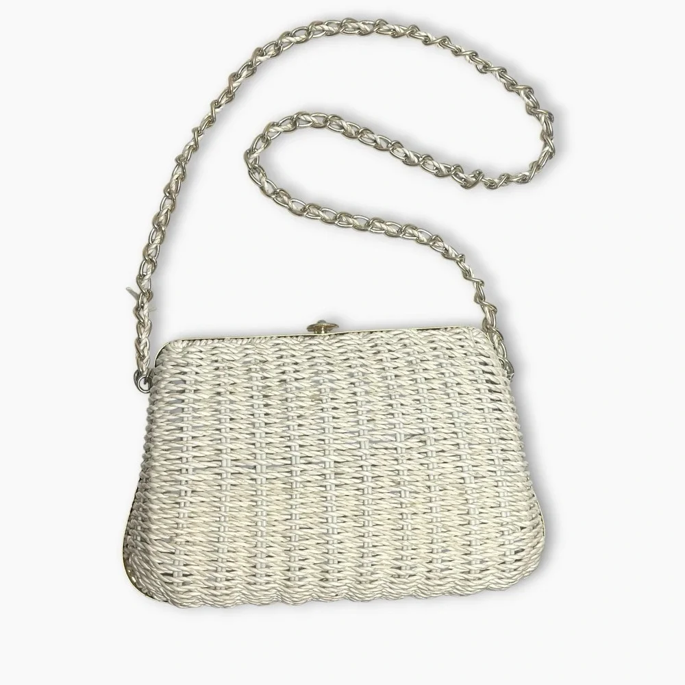 Vintage 60s Magid White Wicker Bag Purse Gold Chain Shoulder Strap